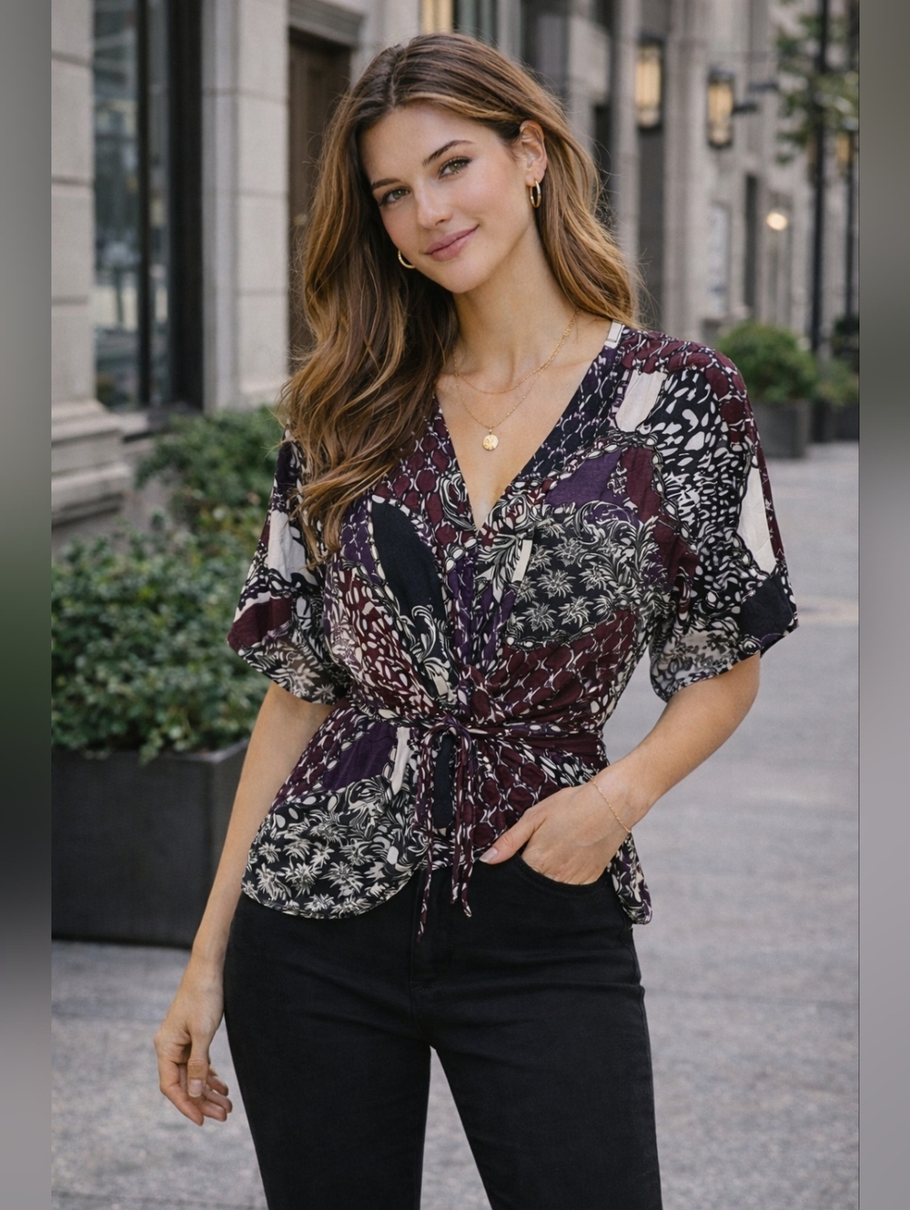 Whimsigoth Boho Wrap Blouse Cinch Waist Top Dark Academia Vibe XL - Picture 6 of 12